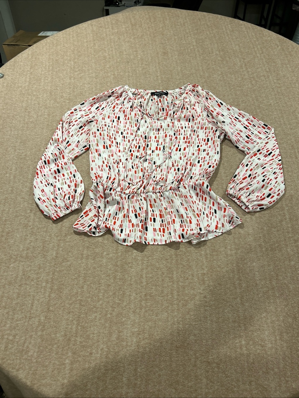 Ellen Tracy Blouse Petite MedvCream Peplum with Red & Black Dot Print